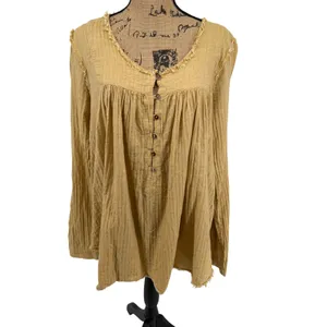 We The Free Sand Dune Henley LG Gauze Button Down Tunic Golden Yellow Boho Flowy thumbnail 2