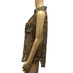 Wet Seal Animal Print Button Up Sleeveless Semi Sheer Pocket Blouse Top Womens L thumbnail 2