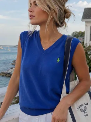 Polo by Ralph Lauren Blue V-Neck Knit Sweater Vest Size Large Old Money Preppy thumbnail 1