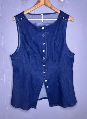Free People Dark Blue Denim Button Tank thumbnail 1