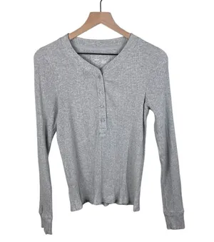 Aerie Women's Long Sleeve Thermal Henley Shirt Ribbed Knit Tee Grey Size XL thumbnail 1
