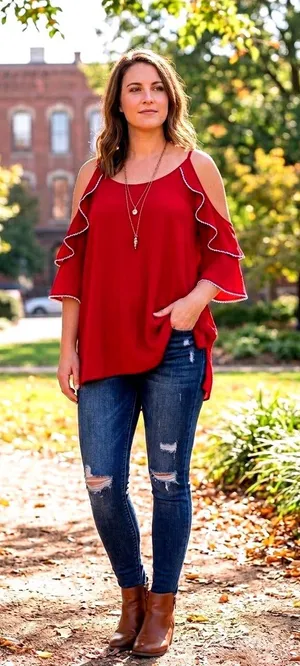 Umgee Red Cold Shoulder Tiered Ruffle Sleeve Picot Trim Boho Tunic Top Large thumbnail 1