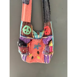 Rising International Patchwork Peace Sign Boho Crossbody Bag Nepal Cotton Multi thumbnail 3