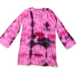 80s Vintage Indian Import V-Neck Tunic – Hand Dyed Pink, Red, Black size L thumbnail 1