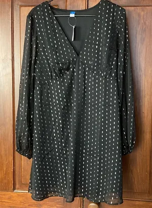 Old Navy Black Long-Sleeve V-Neck Dress with Silver Metallic Dot Print Size XL thumbnail 1