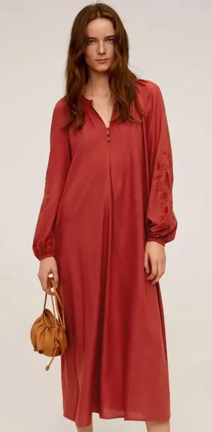 Mango NWOT‎ Rust Orange Embroidered Sleeve A-Line Maxi Dress thumbnail 1