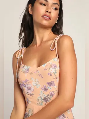 Lulus women’s Started With a Kiss Orange Floral Print Tie-Strap Tiered Dress L thumbnail 7