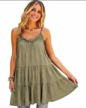 Natural Life Olive Green Tiered Babydoll Mini Dress Rayon Slub XS/S Boho Fairy thumbnail 1