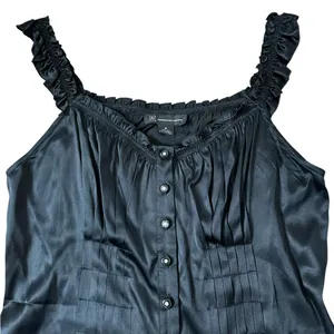 Y2K Black Silk Sleeveless Blouse Ruffle Trim Dark Romantic Whimsigoth Renfaire thumbnail 3