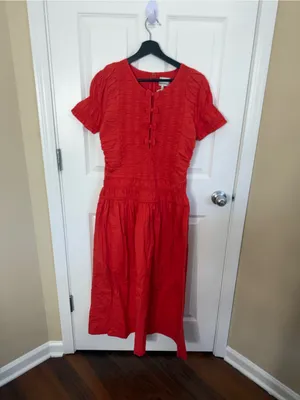 Damson Madder Smocked Drop Waist Stretch Organic Cotton Midi Dress 10 thumbnail 2