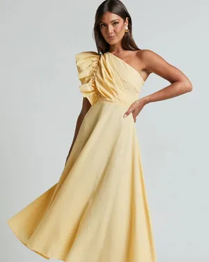 Showpo. DIXIE MIDI DRESS Linen Look One Shoulder Ruffle Dress In Lemon 4 thumbnail 1