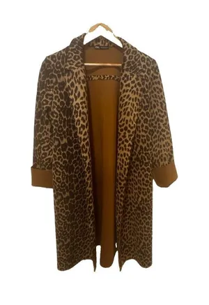 Zara Join Life Leopard Print Faux Leather Overcoat M Open Front Lined Pockets thumbnail 1