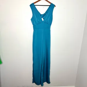 Lulu's Remarkable Style Blue Satin Twist-Back Cutout‎ Wide-Leg Jumpsuit thumbnail 3