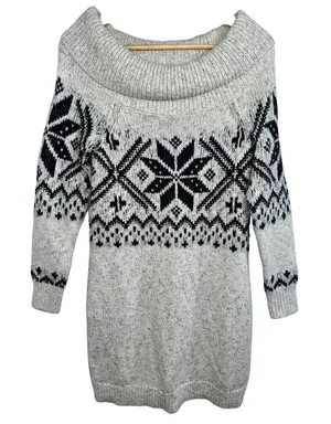 Abercrombie & Fitch Cream Black Fair Isle Long Sleeve Mini Sweater Dress Women M thumbnail 1