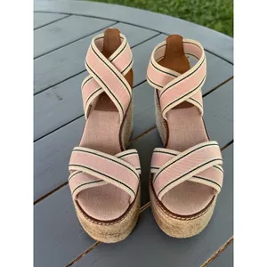 Tory Burch Pink Beige Striped Strappy Wedge Platform Slip-On Sandals Size 7M thumbnail 4