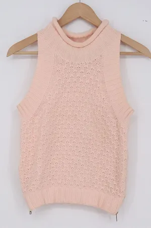 Neely Sweater Vest Womens Small Peach Pointelle Mock Neck Side Zip Excellent thumbnail 1