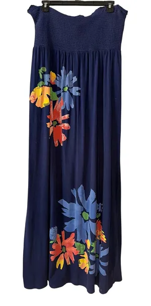 Old Navy Womens XL Strapless Maxi‎ Dress Navy Blue Floral Smocked Bodice Summer thumbnail 1