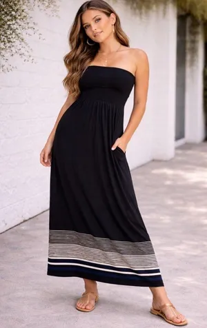 Max Studio Black Strapless Maxi Dress with Striped Hem thumbnail 1