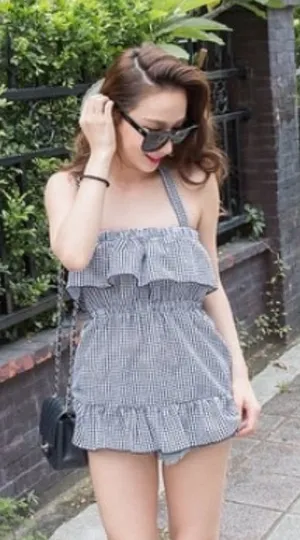 Plaid gingham summer ruffle top Korean White thumbnail 1