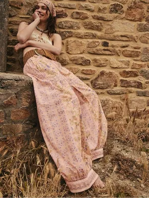 Free People Bohemian Wide Leg Lantern Laurel Canyon Pants Apricot Combo Medium thumbnail 2