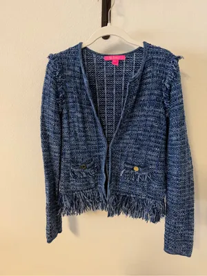 Lilly Pulitzer Simora Fringe Tweed Cardigan - Blue thumbnail 4
