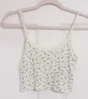 Brandy Melville Pastel Blue White Floral Lace Bow Stretchy Crop Tank Top thumbnail 1