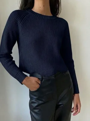 Aritzia Wilfred Sardou 100% Merino Wool Cropped Navy Sweater Small thumbnail 1