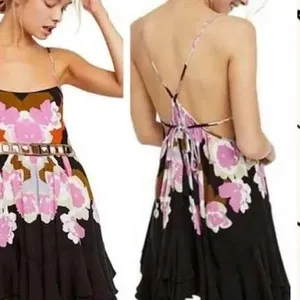 Free People Mini Dress Womens‎ Small Black Pink Floral Mirror Boho Festival thumbnail 2