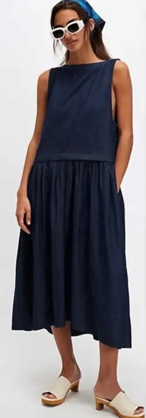 Free People Retro 90s Soraya Dark Denim Drop Waist Midi Jumper Dress Size Large thumbnail 1