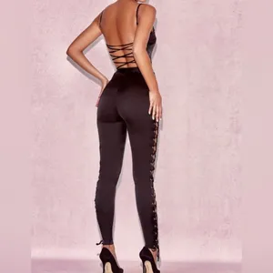 House Of CB, 'Tsarina' Black Satin Jumpsuit With Side Lace Ups thumbnail 8