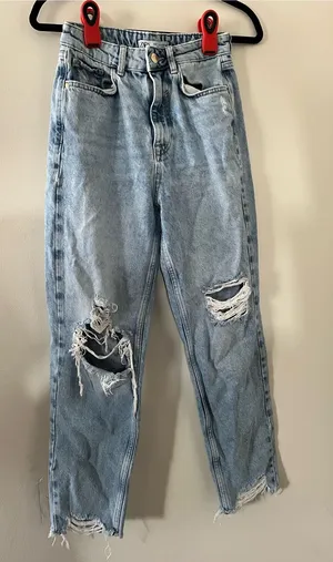 Zara Light Wash Distressed Mom Jeans 2 High Rise Minimalist Capsule Wardrobe thumbnail 1