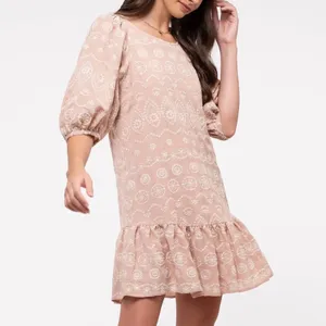 BLU PEPPER Soft Pink Embroidered Eyelet Mini Dress Small Coquette Cottagecore thumbnail 3