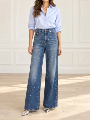Maje Studded Wide Leg Jeans US Size 2 Medium Wash Blue High Rise Denim thumbnail 15