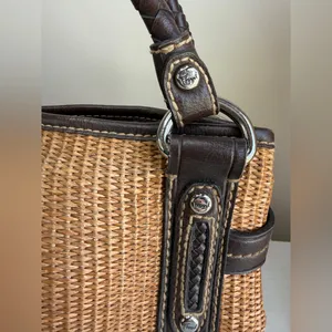 Vtg Fossil Raffia & Brown Leather Braided Handles Boho Spring Satchel thumbnail 2