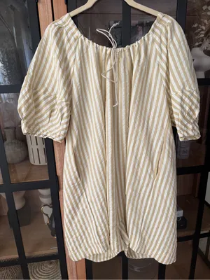 Amazon Bop Around Romper Striped Loose Puff short Sleeve beige tie front bow thumbnail 6