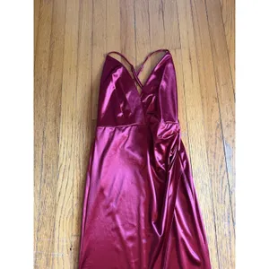 Lulus Red Satin V Neck Strappy Side Slit Maxi Formal Gown thumbnail 2