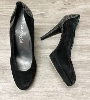 Gunmetal Black Suede Leather Platform Stiletto Pumps Italy 37 thumbnail 1