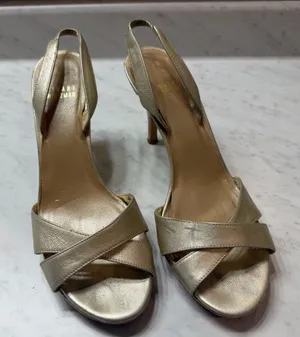 Stuart Weitzman Gold Metallic Leather Cork Platform Slingback Heels Size 7 Y2k thumbnail 1