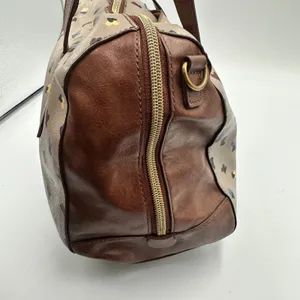 Fossil Rachel Satchel Bag Taupe Heart Print Pebbled Leather Brown Trim Handbag thumbnail 5