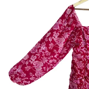 Sim & Sam Floral Paisley Smocked Mini Dress Red Pink Boho Balloon Sleeve Size XL thumbnail 4