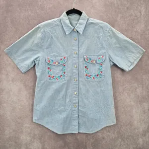 Blue Button Up Floral Embroidered Short Sleeve Vintage Y2K Short Top M Medium‎ thumbnail 1