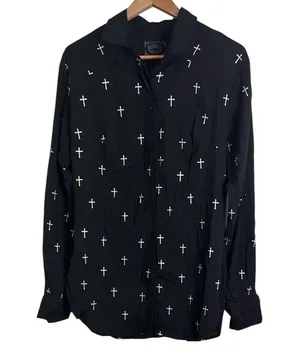 Cowgirl Hardwear Black Button Down Long Sleeve Shirt Silver Cross Pattern sz XL thumbnail 1