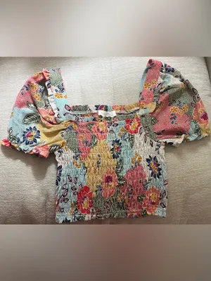 Monteau Smocked Floral Top S Blue thumbnail 2
