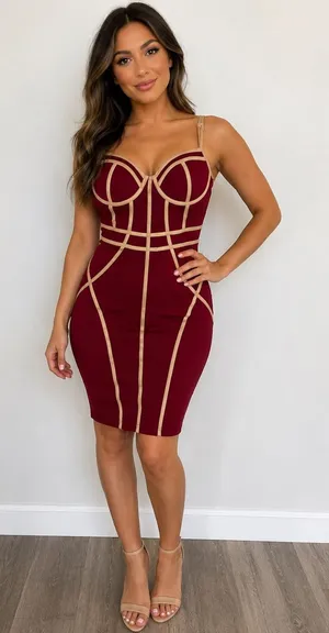 BLASHE Bodycon Dress Sz Small Burgundy Tan Bustier Bandage Spaghetti Straps Sexy thumbnail 1