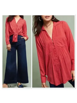 Anthropologie Maeve Matilda Polka Dot Blouse Button‎ Front Red White Size S thumbnail 2
