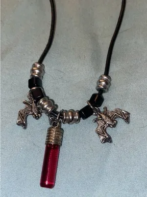 20” Necklace Bat Charms & Garnet Crystal On Black Rope Goth Punk Witchy Gothic thumbnail 1
