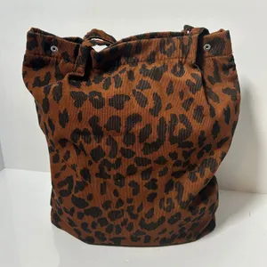 Leopard Print Corduroy Tote‎ Bag Brown Black Animal Pattern Snap Closure Lined thumbnail 10