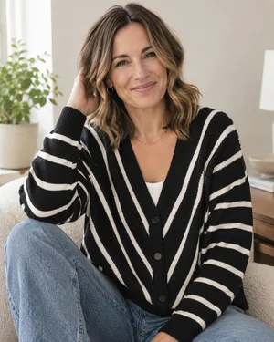 Oversized Black White Chevron Stripe V Neck Button Cardigan Size XL Cozy Office thumbnail 1
