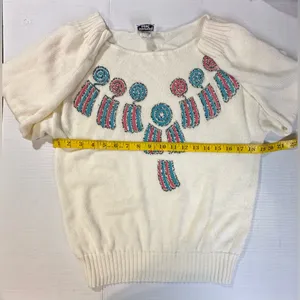 Vintage Kenneth Too‎ Ivory Aztec Pullover Sweater Turquoise Embellished Sz S/M thumbnail 5