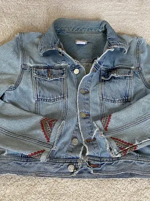 Vintage Calvin Klein Distressed Denim Jacket Embroidered Sleeves Women’s Sz M thumbnail 1